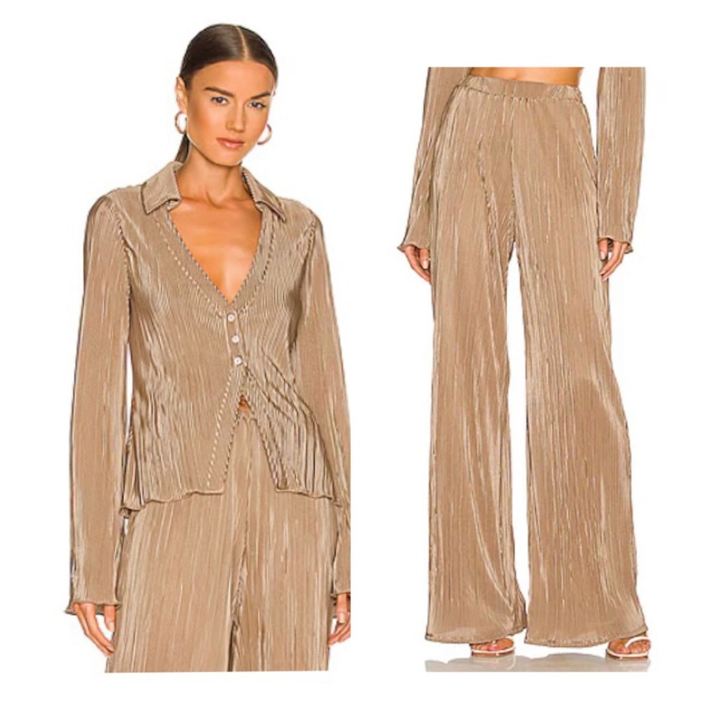 Song of Style Tan Pant and Buttom Up Set with Ribbed Pencil Design